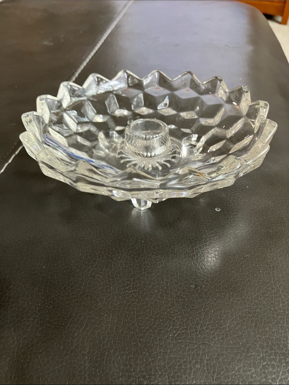 FOSTORIA AMERICAN, 3 FOOTED BOWL CANDLE HOLDER Taper CandleStick GLASS / CRYSTAL